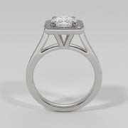 High Halo Engagement Ring With Cushion Cut Centre Diamond Diamond Set Shoulders In White Gold. Designed And Manufactured By FANCI Fine Jewellery, Southampton, UK.