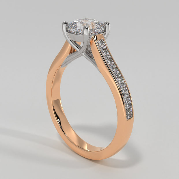 Cushion Cut Diamond Engagement Ring Set In Rose Gold With Princess Cut Diamond Shoulders In A Channel Setting Designed And Manufactured By FANCI Bespoke Fine Jewellery