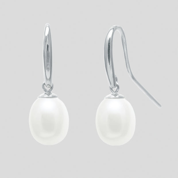 White cultured 7.5-8mm teardrop river pearl shepherds crook and cap earring drops on 9ct white or yellow gold by FANCI fine jewellery