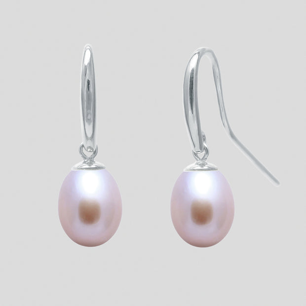 Pink cultured 7.5-8mm teardrop river pearl shepherds crook and cap earring drops on 9ct white or yellow gold by FANCI bespoke fine jewellery