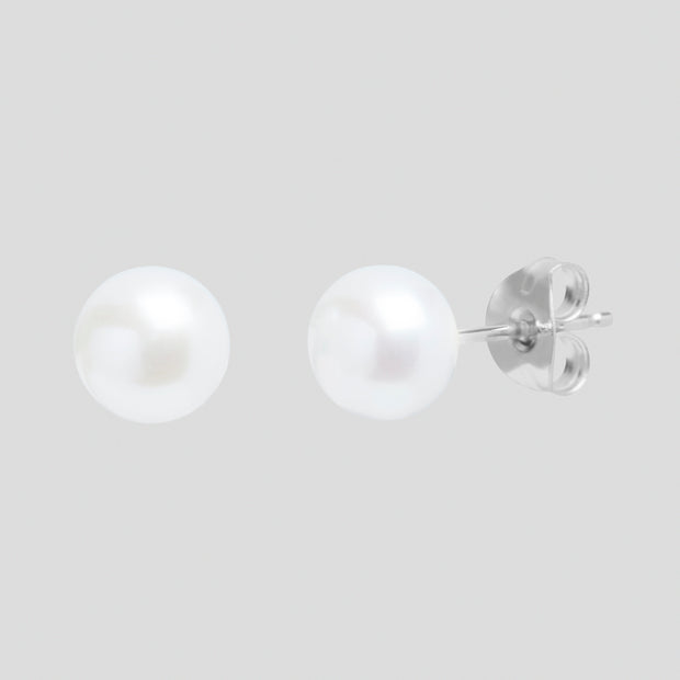 White 6-7mm button shape cultured river pearl earring studs on 9ct white gold by FANCI bespoke fine jewellery