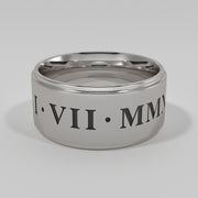 Gentlemen’s Roman Numeral Laser Engraved Wedding Ring In White Gold Designed by FANCI Bespoke Fine Jewellery