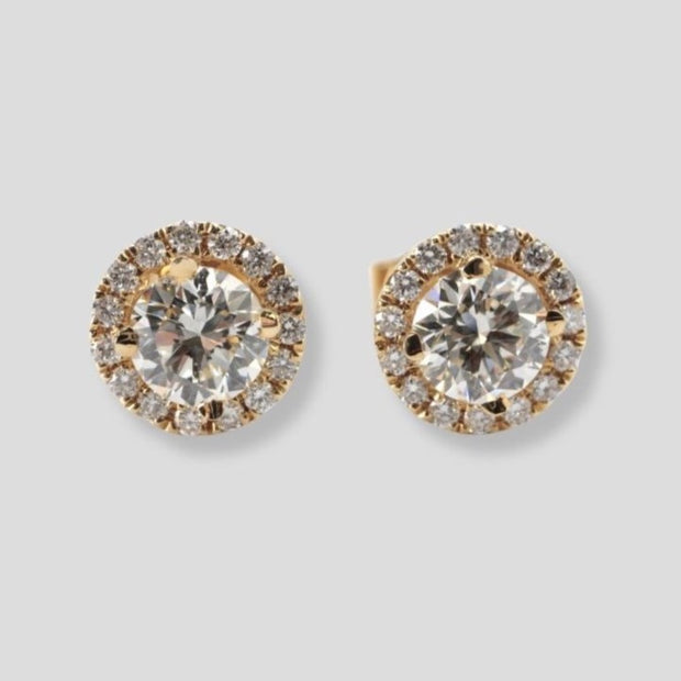18ct yellow gold natural diamond stud halo earrings totalling 1.40ct available from FANCI Fine Jewellery, Southampton, UK.