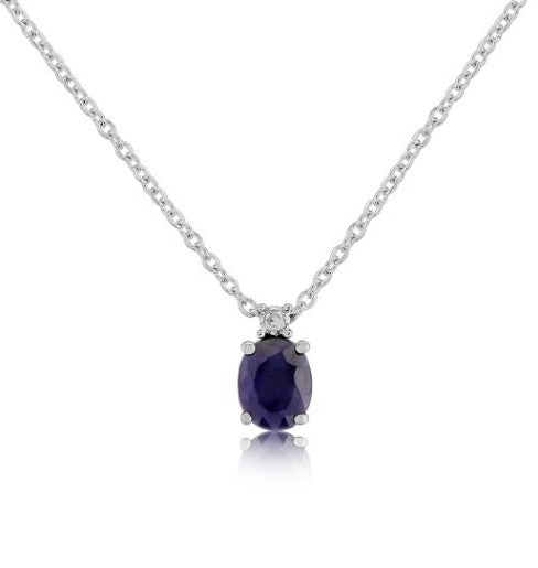 Silver necklace with a blue gemstone pendant on a white background