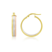 Yellow, white and Rose Gold hoop earrings with a reflective surface on a white background