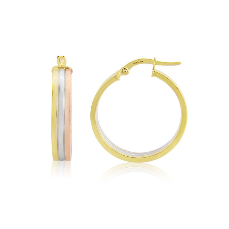 Yellow, white and Rose Gold hoop earrings with a reflective surface on a white background