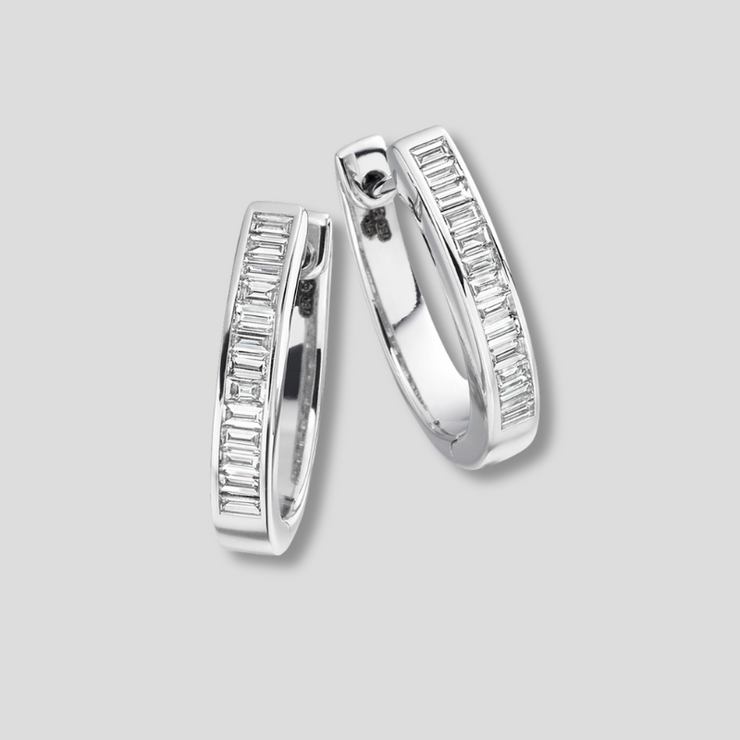 Baguette Cut Diamond Hoop Earrings In White Gold Totalling 0.30ct. Available from FANCI Fine Jewellery, Southampton, UK.