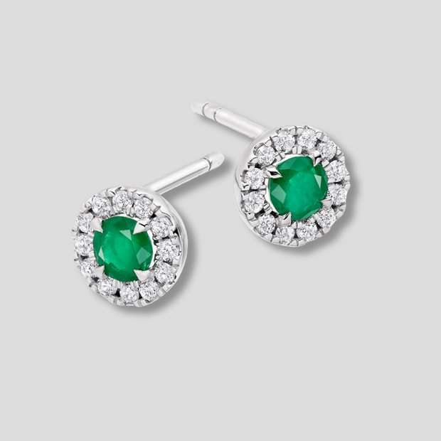 Emerald And Diamond Halo Stud Earrings In White Gold By FANCI Fine Jewellery, Southampton, UK.