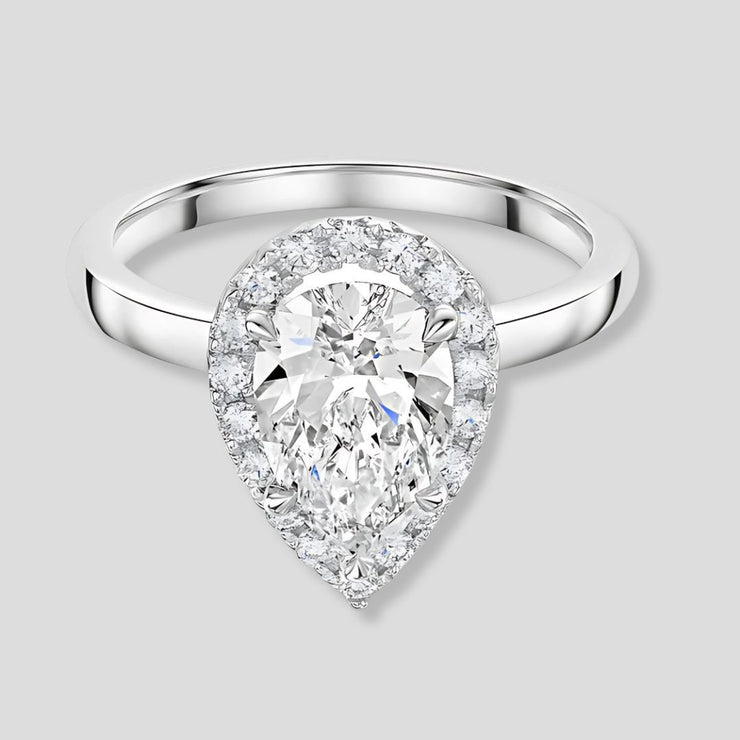 Talon Set Lab Grown Pear Shape Diamond Halo Ring In White Gold By FANCI Fine Jewellery, Southampton, UK.