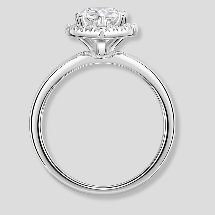 Talon Set Lab Grown Pear Shape Diamond Halo Ring In White Gold By FANCI Fine Jewellery, Southampton, UK.