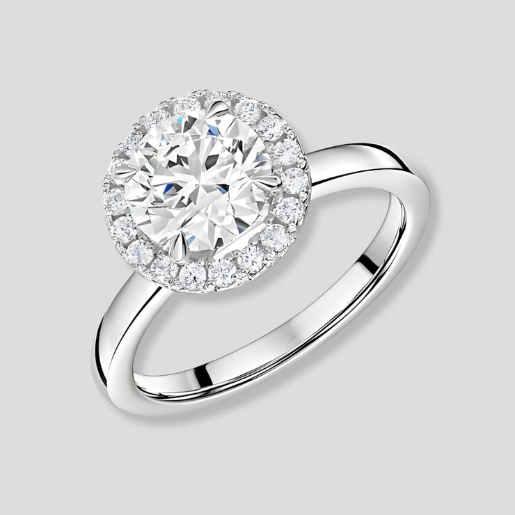 Talon Set Lab Grown Diamond Halo Ring In White Gold By FANCI Fine Jewellery, Southampton, UK.
