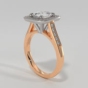 High Halo Engagement Ring With Cushion Cut Centre Diamond Diamond Set Shoulders In Rose Gold. Designed And Manufactured By FANCI Fine Jewellery, Southampton, UK.