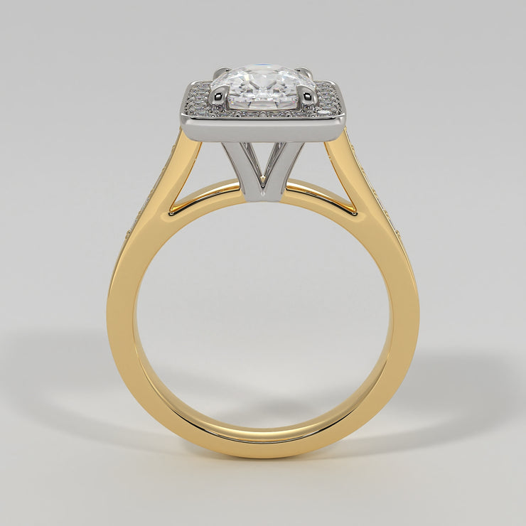 High Halo Engagement Ring With Cushion Cut Centre Diamond Diamond Set Shoulders In Yellow Gold. Designed And Manufactured By FANCI Fine Jewellery, Southampton, UK.