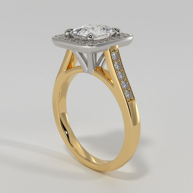 High Halo Engagement Ring With Cushion Cut Centre Diamond Diamond Set Shoulders In Yellow Gold. Designed And Manufactured By FANCI Fine Jewellery, Southampton, UK.
