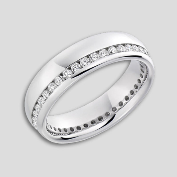 Offset Full hoop channel set wedding ring in white gold