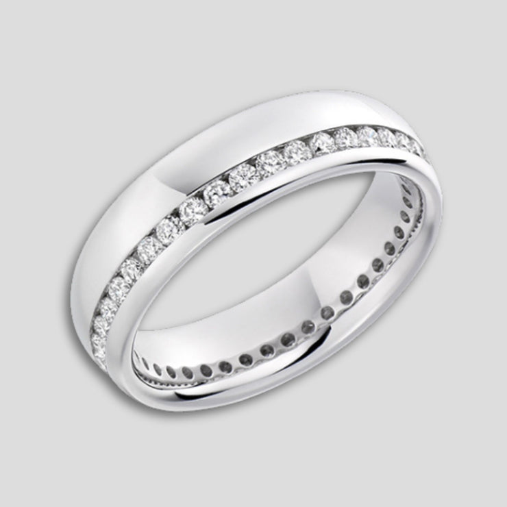 Offset Full hoop channel set wedding ring in white gold