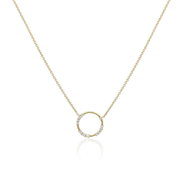 18K gold morse code love necklace with diamond circle pendant on delicate chain spelling out LOVE in morse gold