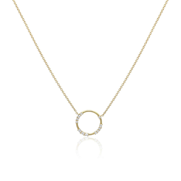 18K gold morse code love necklace with diamond circle pendant on delicate chain spelling out LOVE in morse gold