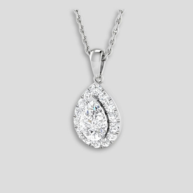 Pear-shaped diamond halo pendant in 18k white gold with 0.50ct of brilliant diamonds – elegant teardrop necklace by FANCI Southampton.