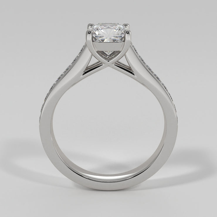 Cushion Cut Diamond Engagement Ring Set In White Gold With Princess Cut Diamond Shoulders In A Channel Setting Designed And Manufactured By FANCI Bespoke Fine Jewellery