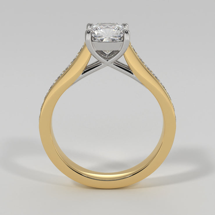 Cushion Cut Diamond Engagement Ring Set In Yellow Gold With Princess Cut Diamond Shoulders In A Channel Setting Designed And Manufactured By FANCI Bespoke Fine Jewellery