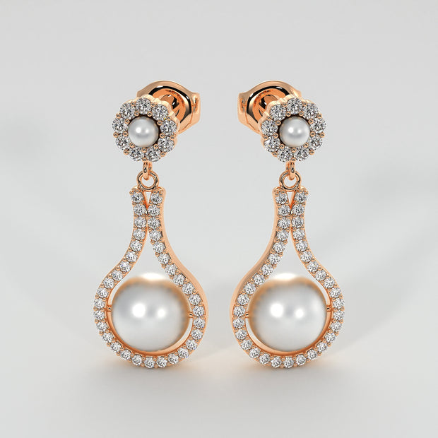 Diamond And Pearl Drop Earrings In Rose Gold Designed by FANCI Bespoke Fine Jewellery