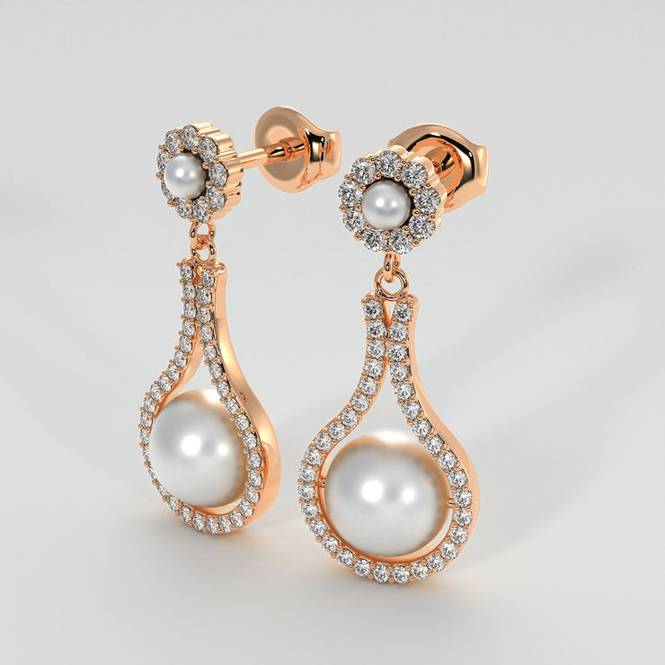 Diamond And Pearl Drop Earrings In Rose Gold Designed by FANCI Bespoke Fine Jewellery