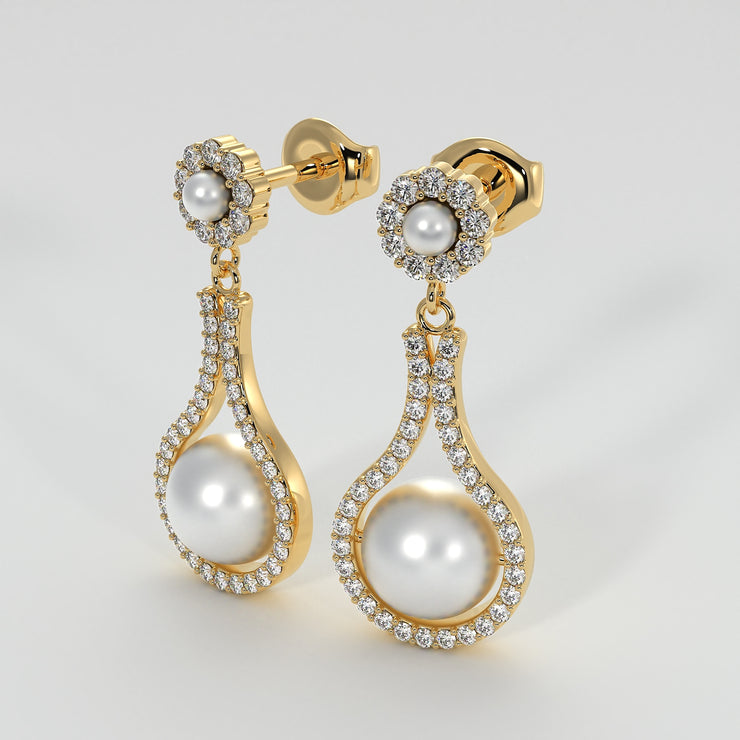 Diamond And Pearl Drop Earrings In Yellow Gold Designed by FANCI Bespoke Fine Jewellery