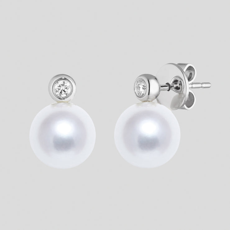 Cultured 7.5-8mm river pearl earrings on 18ct white or yellow gold with round diamonds by FANCI bespoke fine jewellery