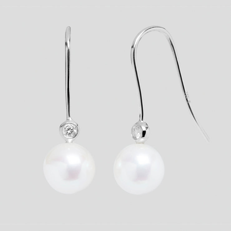 Cultured 8-8.5mm river pearl shepherds crook earring drops on 18ct white or yellow gold with round diamond by FANCI bespoke fine jewellery