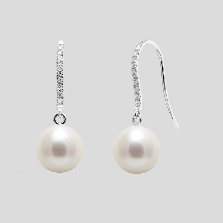 8-8.5mm river pearl shepherds crook earring drops on 18ct white or yellow gold with round diamonds by FANCI bespoke fine jewellery
