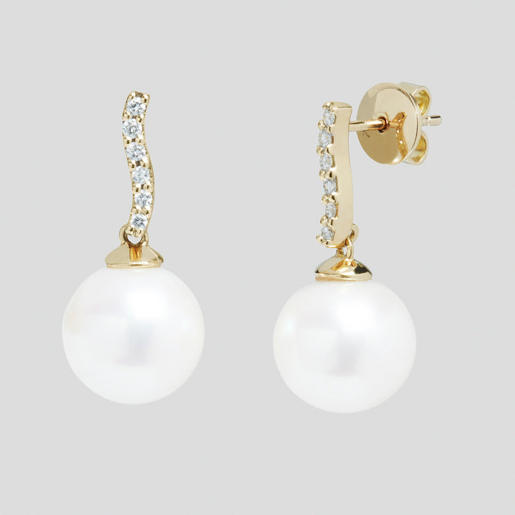 Cultured 10-10.5mm river pearl earrings on 18ct yellow or white gold with round diamonds by FANCI bespoke fine jewellery