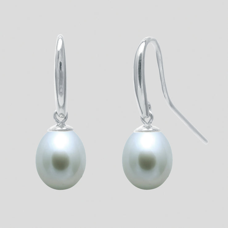 Grey cultured 7.5-8mm teardrop river pearl shepherds crook and cap earring drops on 9ct white or yellow gold by FANCI bespoke fine jewellery