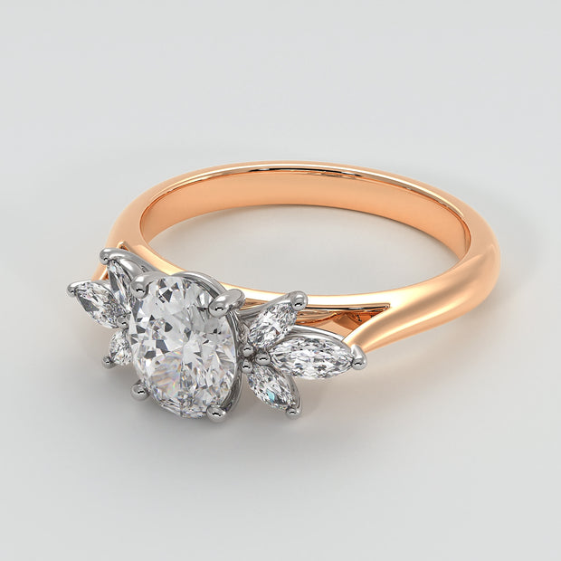 Floral Design Engagement Ring With Oval Centre Diamond And Marquise Shape Diamond Petals Set On A Rose Gold Band Designed And Manufactured By FANCI Bespoke Fine Jewellery