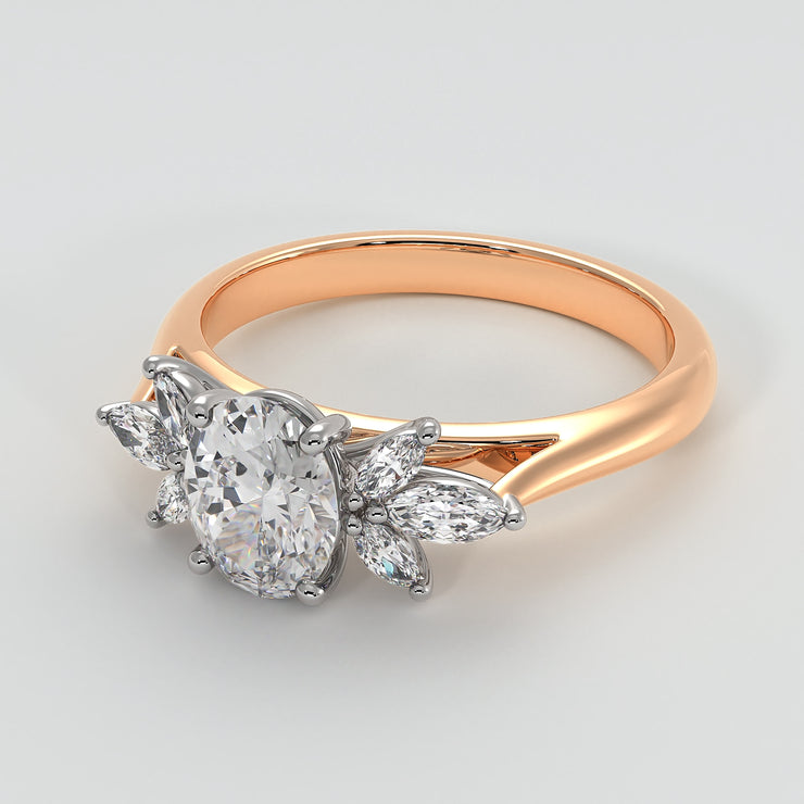 Floral Design Engagement Ring With Oval Centre Diamond And Marquise Shape Diamond Petals Set On A Rose Gold Band Designed And Manufactured By FANCI Bespoke Fine Jewellery