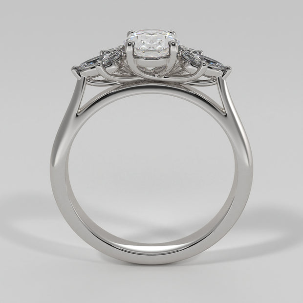 Floral Design Engagement Ring With Oval Centre Diamond And Marquise Shape Diamond Petals Set On A White Gold Band Designed And Manufactured By FANCI Bespoke Fine Jewellery
