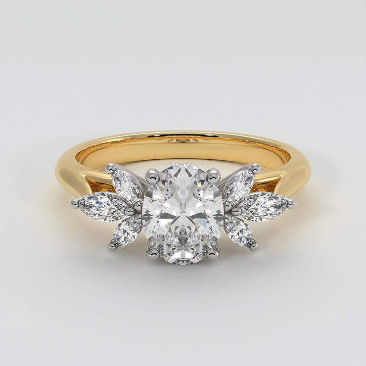 Floral Design Engagement Ring With Oval Centre Diamond And Marquise Shape Diamond Petals Set On A Yellow Gold Band Designed And Manufactured By FANCI Bespoke Fine Jewellery