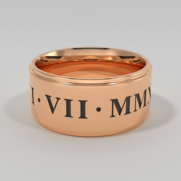 Gentlemen’s Roman Numeral Laser Engraved Wedding Ring In Rose Gold Designed by FANCI Bespoke Fine Jewellery