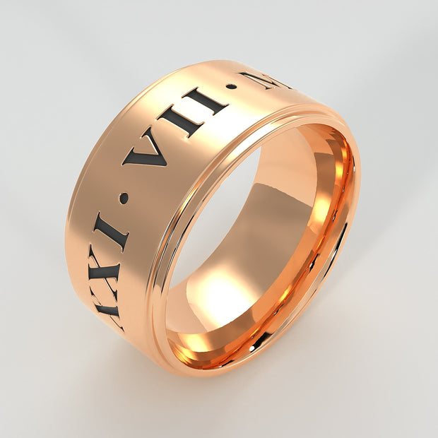 Gentlemen’s Roman Numeral Laser Engraved Wedding Ring In Rose Gold Designed by FANCI Bespoke Fine Jewellery