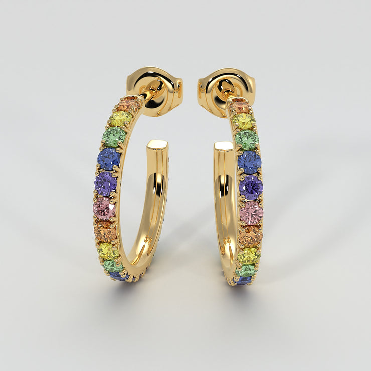Rainbow Hoop Earrings With Multicoloured Sapphires In Yellow Gold Designed by FANCI Bespoke Fine Jewellery