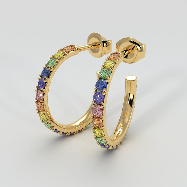 Rainbow Hoop Earrings With Multicoloured Sapphires In Yellow Gold Designed by FANCI Bespoke Fine Jewellery