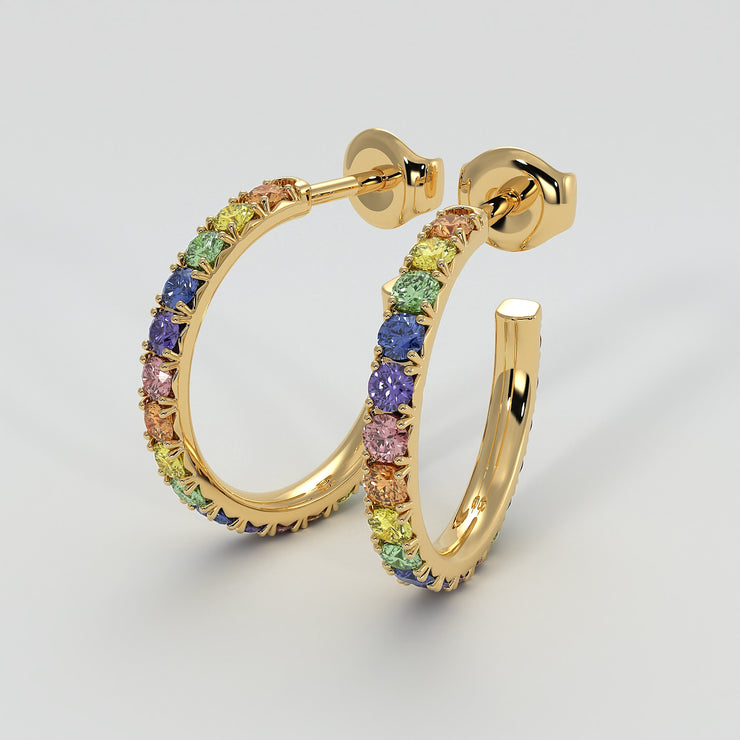 Rainbow Hoop Earrings With Multicoloured Sapphires In Yellow Gold Designed by FANCI Bespoke Fine Jewellery