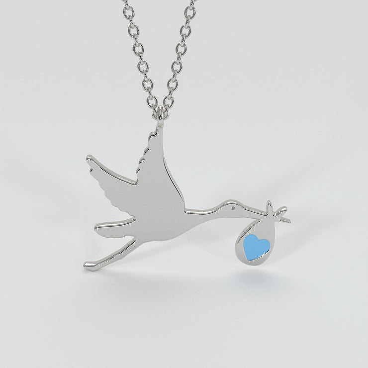 Stork Necklace With Blue Enamelled Heart In White Gold Designed by FANCI Bespoke Fine Jewellery