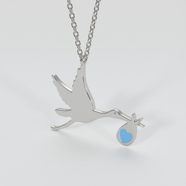 Stork Necklace With Blue Enamelled Heart In White Gold Designed by FANCI Bespoke Fine Jewellery