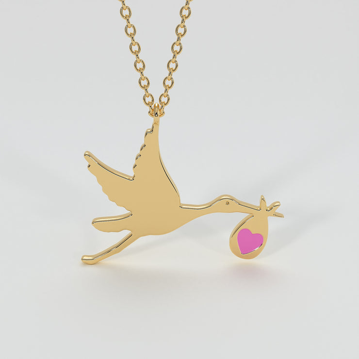 Stork Necklace With Pink Enamelled Heart In Yellow Gold Designed by FANCI Bespoke Fine Jewellery