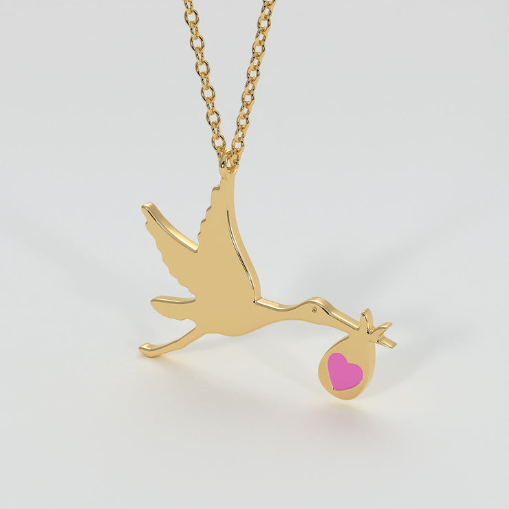 Stork Necklace With Pink Enamelled Heart In Yellow Gold Designed by FANCI Bespoke Fine Jewellery