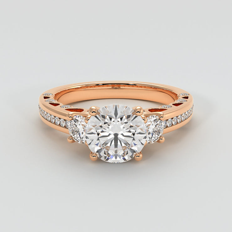 Trilogy Engagement Ring With Ornate Detail In Rose Gold Designed by FANCI Bespoke Fine Jewellery